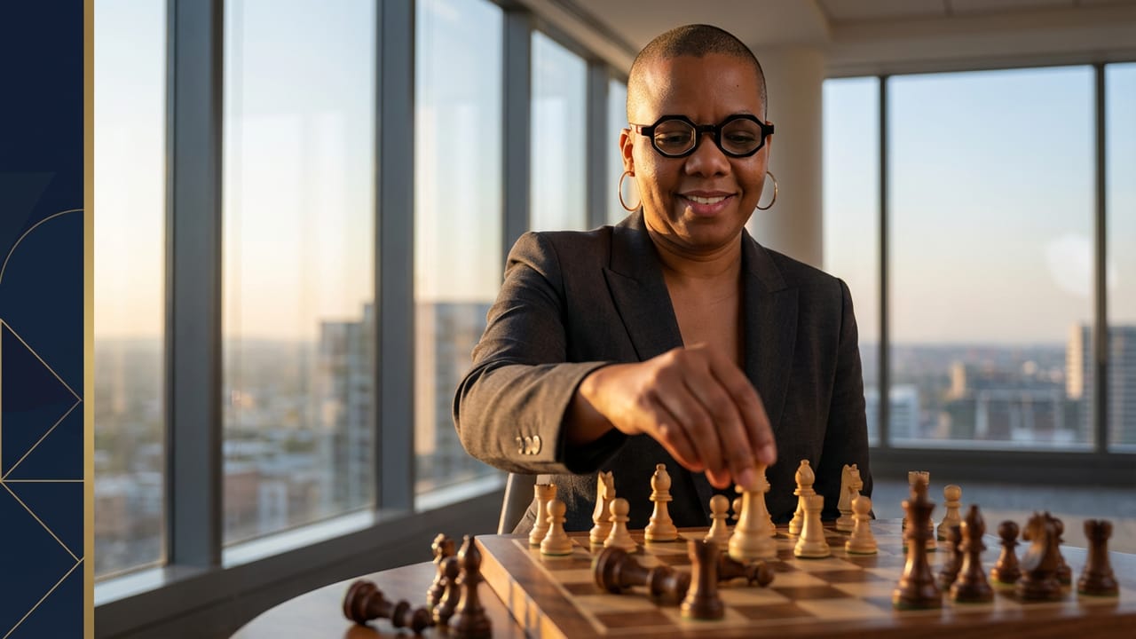 Taz Brown making a strategic chess move in a modern office